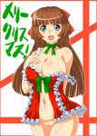  1girl areola_slip areolae bare_shoulders blue_eyes breasts brown_hair christmas curvy female hair_ornament hair_ribbon huge_breasts long_hair navel no_panties no_underwear open_clothes open_mouth original pussy ribbon santa_costume solo soubee1 standing translated 