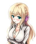  between_breasts blonde_hair blush breast_hold breasts cleavage food gayprince girlfriend_(kari) green_eyes large_breasts long_hair mochizuki_erena pocky simple_background smile solo very_long_hair white_background 