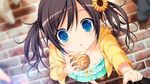  3rdeye blue_eyes bread brown_hair child food from_above game_cg gensou_no_idea himawari_(gensou_no_idea) looking_up makita_maki sakaki_maki solo twintails 