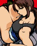  black_lagoon breasts brown_eyes brown_hair cigarette denim denim_shorts downblouse fingerless_gloves gloves half-closed_eyes long_hair looking_at_viewer medium_breasts ponytail revy_(black_lagoon) short_shorts shorts sitting solo tank_top thighs youken 