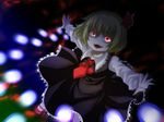  blonde_hair blouse danmaku evil_smile fangs frilled_skirt frills hair_ribbon motion_blur necktie open_mouth outstretched_arms red_eyes red_neckwear ribbon rumia short_hair skirt smile spread_arms touhou vest yuusei_mutsuki 