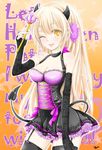  black_legwear blonde_hair blush breasts demon_tail elbow_gloves garter_straps girlfriend_(kari) gloves halloween highres horns long_hair looking_at_viewer medium_breasts mochizuki_erena one_eye_closed ryo_(magnet) smile solo tail thighhighs yellow_eyes 