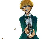  blonde_hair blue_eyes bow bowtie bullet bullet_in_mouth glasses gun jeff_andonuts male_focus mother_(game) mother_2 solo sumishiba_(pixiv) weapon 