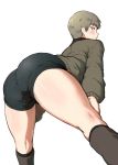  1girl ass bangs bent_over black_footwear black_shorts blush boots brown_eyes brown_hair brown_jacket commentary_request from_behind girls_und_panzer hands_on_own_knees jacket knee_boots long_sleeves looking_at_viewer looking_back military military_uniform naomi_(girls_und_panzer) no_emblem parted_lips sasaki_tatsuya saunders_military_uniform short_hair shorts solo spread_legs standing uniform very_short_hair 
