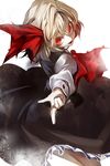  ascot banned_artist blonde_hair fangs hair_ribbon kozou_(soumuden) light_particles long_sleeves looking_at_viewer open_mouth outstretched_arms red_eyes ribbon rumia shirt skirt skirt_set smile solo touhou vest 