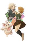  1girl computer danganronpa danganronpa_1 fujisaki_chihiro hands_clasped holding_hands kneehighs laptop monomi_(danganronpa) nanami_chiaki otoko_no_ko own_hands_together short_hair skirt smile super_danganronpa_2 zng 