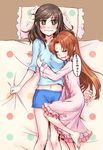  blush breast_grab breasts brown_eyes brown_hair drooling grabbing head_on_chest highres ichijou_hotaru koshigaya_komari leg_between_thighs long_hair midriff multiple_girls nightgown non_non_biyori pd_(seripanda) pillow sleeping translated trembling wavy_mouth yuri 