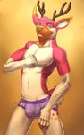  bulge cervine deer flit fur green_eyes hooved_fingers horn looking_at_viewer male mammal nipples orange_background orange_nipples pink_fur plain_background purple_bottomwear simple_background smile solo topless underwear vpl 