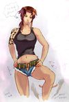  1girl black_lagoon brown_hair female navel pixiv_manga_sample revy revy_(black_lagoon) shorts sketch solo standing tank_top tattoo youken 