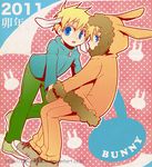  2boys animal_ears blonde_hair blue_eyes bunny_ears coat commentary_request couple dated kenny_mccormick leopold_stotch looking_at_viewer mittens multiple_boys open_mouth portmanteau sakurapanda south_park translated watermark web_address 