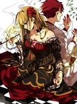  1girl back-to-back beatrice blonde_hair blood bloody_hands blue_eyes breasts chain choker cleavage cuffs dress flower hair_down hair_flower hair_ornament large_breasts lovemaronmeru0827 pipe red_hair rose shackles sitting smoke tears umineko_no_naku_koro_ni ushiromiya_battler 