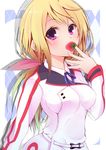  blonde_hair charlotte_dunois eating food fruit hair_ribbon infinite_stratos long_hair looking_at_viewer mouth_hold ponytail purple_eyes ribbon school_uniform solo strawberry suishin_tenra 