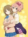  belly belly_grab blush bow breasts brown_eyes brown_hair cardigan clothes_around_waist grin hair_bow heart hisakawa_riho hug hug_from_behind idolmaster idolmaster_cinderella_girls jewelry jougasaki_mika large_breasts mimura_kanako multiple_girls necktie one_side_up pink_hair plaid plaid_skirt pleated_skirt plump ring school_uniform short_hair skirt smile sweater sweater_around_waist 