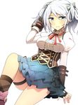  adjusting_hair black_gloves blue_eyes blush breasts ciel_alencon corset fingerless_gloves frilled_skirt frills gloves god_eater god_eater_2:_rage_burst hair_ribbon large_breasts looking_at_viewer ribbon shadow short_twintails silver_hair simple_background skirt smile solo thigh_strap twintails van-s white_background 