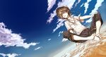  barefoot cloud dutch_angle foreshortening grey_eyes hat highres male_focus miwa_shirou original partially_submerged shirt short_sleeves sitting sky solo supercell water 