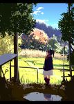  autumn black_hair blue_sky closed_eyes cloud day forest grass highres jacket letterboxed mountain nature ogipote original outdoors ponytail puddle railing reflection scarf skirt sky smile solo tree 