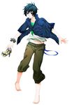  barefoot blue_eyes blue_hair casual highres holding holding_shoes hood hoodie male_focus persona persona_3 shoes solo summer sushi_(artist) white_background yuuki_makoto 