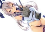  &gt;_&lt; blonde_hair brown_eyes cameltoe closed_eyes elbow_gloves gloves hair_ribbon hug ichijou_hitoshi kantai_collection long_hair machinery navel no_pants open_mouth panties rensouhou-chan ribbon shimakaze_(kantai_collection) socks striped striped_legwear thighhighs triangle_mouth turret underwear 