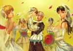  5girls amagi_yukiko bangs bare_shoulders black_eyes black_hair blue_hair bouquet breasts bridal_veil bride brown_eyes brown_hair carrying child choker cleavage closed_eyes doujima_nanako dress elbow_gloves flower formal gloves grey_eyes grey_hair hairband hetero highres kujikawa_rise large_breasts long_hair looking_back medium_breasts multiple_girls nanaya_(daaijianglin) narukami_yuu open_mouth persona persona_4 polygamy satonaka_chie shirogane_naoto short_hair short_twintails skirt smile straight_hair suit twintails veil wedding wedding_dress white_gloves 