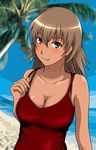  :p beach blush breasts brown_eyes brown_hair cleavage day highres large_breasts looking_at_viewer misaka_misuzu palm_tree senga81 smile solo tan tank_top to_aru_kagaku_no_railgun to_aru_majutsu_no_index tongue tongue_out tree 