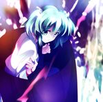  blurry bucket green_eyes green_hair hair_bobbles hair_ornament in_bucket in_container japanese_clothes kimono kisume kotaroukuroo light_particles long_sleeves looking_at_viewer short_hair short_twintails smile solo touhou twintails wide_sleeves 