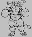  anthro big_bulge bovine bulge clothed clothing greyscale looking_at_viewer male mammal monochrome musclegut muscular muscular_male open_mouth siriusdog smile solo standing 