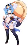  1girl armpit_cutout black_legwear blue_eyes blue_hair breasts full_body hat hellmatio karukan_(monjya) looking_at_viewer navel pelvic_curtain pointy_ears shinrabanshou short_hair simple_background small_breasts solo standing thighhighs white_background 