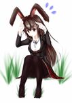  1girl animal_ears brown_eyes brown_hair bunny_ears flying_sweatdrops grass highres komomo komomo_(picturecollapse) long_hair looking_at_viewer pantyhose plaid plaid_skirt rwby school_uniform sitting skirt solo velvet_scarlatina 