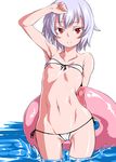  arcana_heart arm_behind_back arm_up armpits bad_id bad_pixiv_id bandeau bangs bikini blush cameltoe clenched_hand colored_eyelashes covered_nipples flat_chest front-tie_top groin hand_on_own_head holding innertube lieselotte_achenbach looking_at_viewer lowleg lowleg_bikini micro_bikini navel orochi_itto pink_innertube red_eyes short_hair side-tie_bikini silver_hair simple_background smile solo splashing standing string_bikini swimsuit toned transparent wading water white_background white_bikini wide_hips 