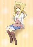  1girl animal_ears animal_hat blonde_hair boots cat_ears female hat highres knee_boots koyuki_(nekonokimochi) long_hair looking_at_viewer nekonokimochi original personification rumia_(compacthuman) simple_background sitting slit_pupils solo straight_hair yellow_eyes 