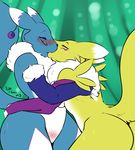  anthro blue_fur blush breasts butt canine chest_tuft couple digimon duo elbow_gloves eyes_closed female fox fur gloves haley_(nightfaux) hug kissing lesbian mammal markings nightfaux nude pussy renamon tuft wide_hips yellow_fur 