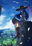  absurdres baisi_shaonian blue_hair boots cliff food fruit glowing glowing_eye hat highres hinanawi_tenshi long_hair peach red_eyes sky solo sword_of_hisou touhou very_long_hair 