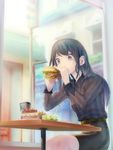  bad_id bad_pixiv_id belt black_eyes black_hair cake food highres ichimura_(kiln) long_hair original salad sandwich sitting skirt solo table 