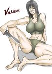  abs bad_id bad_pixiv_id barefoot black_hair breasts brown_eyes cleavage combat_knife eyepatch jormungand knife large_breasts long_hair muscle panties shiva_(johan-s) sofia_valmer solo sports_bra spread_legs tattoo thick_thighs thighs toes underwear weapon 