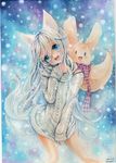  animal_ears artist_name between_legs blue_eyes dated hand_between_legs happy head_tilt highres long_hair mosho no_pants open_mouth original scarf smile solo sparkle sweater tail teeth traditional_media watercolor_(medium) white_hair 