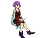  bare_shoulders book boots bracer cape denkou_denko-chan dress fire_emblem fire_emblem:_seima_no_kouseki lute_(fire_emblem) purple_eyes purple_hair quill simple_background sitting solo twintails 