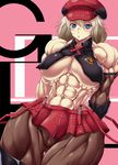  1girl abs alisa_ilinichina_amiella bare_shoulders black_gloves black_shirt blue_eyes blush breasts cameltoe cowboy_shot crop_top cropped_legs extreme_muscles gloves god_eater hair_between_eyes hat large_breasts looking_at_viewer midriff miniskirt muscle navel pantyhose plaid plaid_skirt purukogi_(plasma_beach) shirt short_skirt simple_background skirt sleeveless sleeveless_shirt solo suspenders underboob wide_hips 