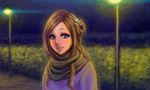  bangs blue_eyes blush brown_hair hair_bun kurashiki_akane kyokugen_dasshutsu kyokugen_dasshutsu:_9_jikan_9_nin_9_no_tobira lamppost long_hair looking_at_viewer monorus night scarf smile solo 