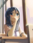  aragaki_ayase black_hair blue_eyes blush chin_rest desk hand_on_own_face highres long_hair ore_no_imouto_ga_konna_ni_kawaii_wake_ga_nai rai32019 school_desk school_uniform serafuku sitting window 