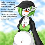  breasts brown_eyes cleavage clothed clothing ear_piercing english_text eyewear female gardevoir hat kazuv lips nintendo piercing pok&#233;mon pok&eacute;mon pregnant seems_legit solo sunglasses text video_games 