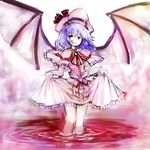  bad_id bad_pixiv_id bat_wings blue_hair capelet curiosities_of_lotus_asia curtsey hat pool_of_blood red_eyes remilia_scarlet short_hair smile so-ma solo touhou vampire wading wings 