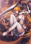  blade blade_&amp;_soul breasts earrings fire high_heels highres jewelry large_breasts light_smile lips long_hair nightmadness orange_eyes orange_hair sideboob solo sword thighhighs thighs very_long_hair weapon white_legwear 