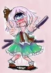  ahegao bad_id bad_pixiv_id blue_eyes blush cum cum_in_mouth cum_on_tongue cyclops double_v fang hair_ribbon konpaku_youmu loose_necktie monster_girl necktie one-eyed pigeon-toed pussy_juice ribbon short_hair silver_hair skirt so-ma solo touhou v 