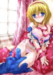  alice_margatroid bdsm bed_sheet blonde_hair blue_eyes blush bondage bound bound_wrists bra breasts curtains frills hairband heart large_breasts on_bed panties pillow ribbon short_hair side-tie_panties skirt solo sparkle touhou underwear undressing untied window yamu_(reverse_noise) 