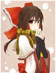  adapted_costume bow brown_eyes brown_hair cape dress gauntlets hair_bow hakurei_reimu looking_at_viewer open_mouth red_dress scarf solo touhou wide_sleeves yuuta_(monochrome) 