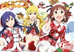  :d ahoge amami_haruka blonde_hair blue_hair brown_eyes candy candy_cane christmas detached_collar double_v dress elbow_gloves fingerless_gloves food fur_trim gloves green_eyes hair_ornament hair_ribbon hat hoshii_miki idolmaster idolmaster_(classic) kisaragi_chihaya long_hair looking_at_viewer multiple_girls open_mouth pantyhose red_dress red_eyes red_gloves red_hair ribbon santa_hat smile taku1122 v white_background white_legwear wreath 