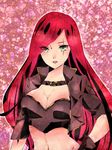 aa2233a breasts cleavage collar green_eyes hand_on_hip jacket katarina_du_couteau large_breasts league_of_legends long_hair navel red_hair scar solo very_long_hair 