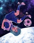  aqua_hair ball inazuma_eleven_(series) inazuma_eleven_go inazuma_eleven_go_galaxy kariya_masaki lightning_bolt male_focus open_mouth riho shinsei_inazuma_japan soccer_ball soccer_uniform solo space sportswear star_(sky) telstar upside-down yellow_eyes 