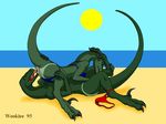  69 beach bikini claws cunnilingus dinosaur duo eyes_closed female female_on_top green_eyes green_skin lying male on_back on_top oral oral_sex pussy raised_tail raptor sand scalie sea seaside sex straight sun swimsuit tan theropod tongue tongue_out vaginal water wookiee_(artist) 