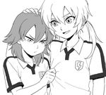  greyscale inazuma_eleven_(series) inazuma_eleven_go kariya_masaki kirino_ranmaru lightning_bolt long_hair lowres male_focus monochrome multiple_boys open_mouth raimon riho soccer_uniform sportswear twintails white_background 